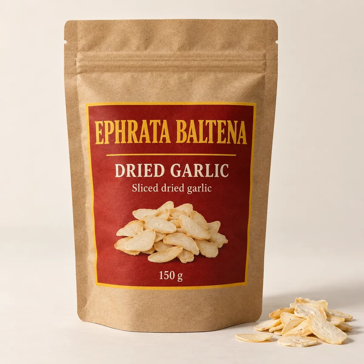 Illustration of a packaged Dried garlic pouch