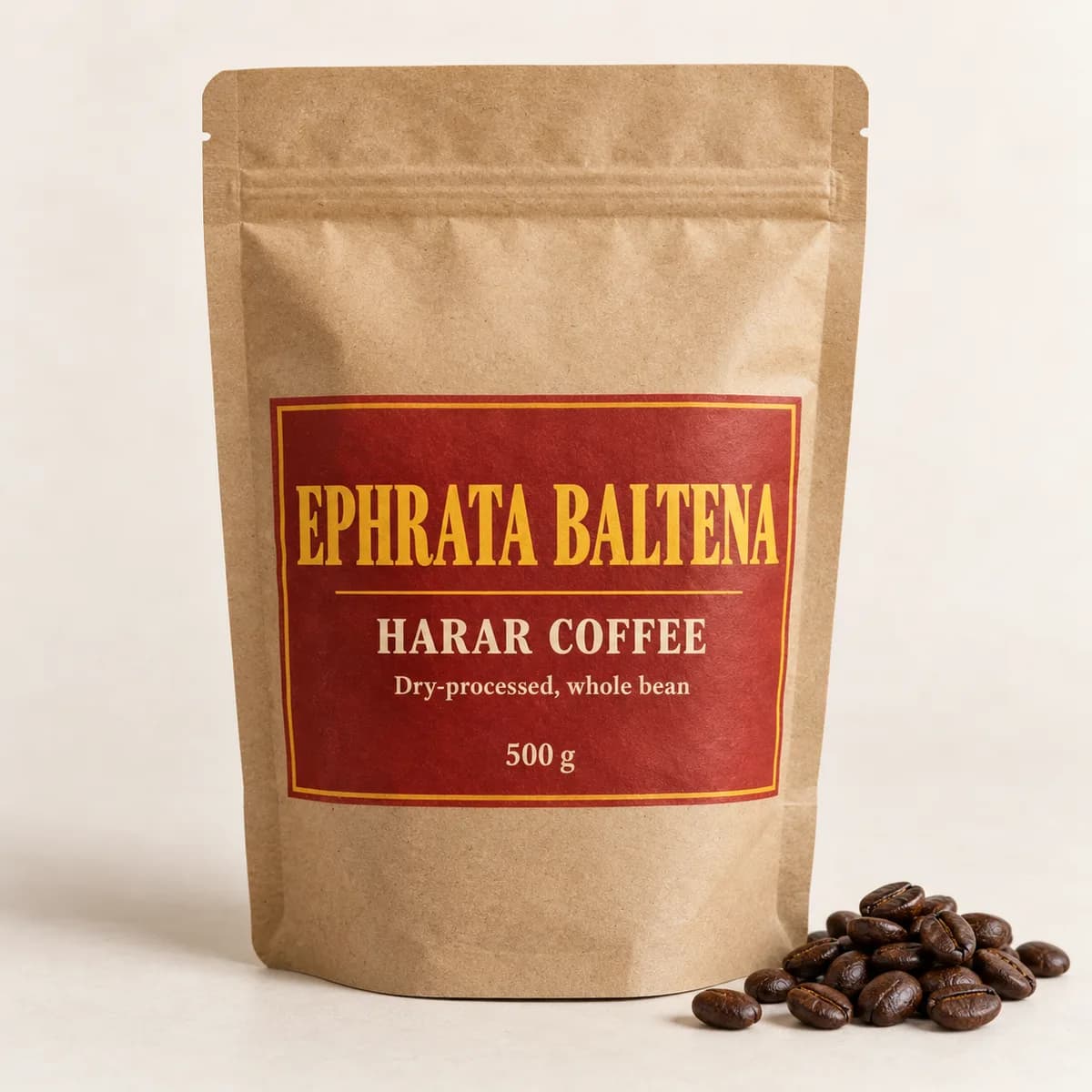 Illustration of a packaged Harar coffee pouch